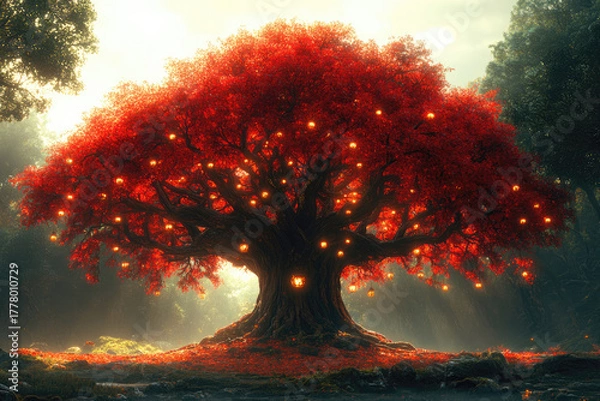 Fototapeta Glowing Lanterns Surround the Tallest Mahogany Tree in Forest