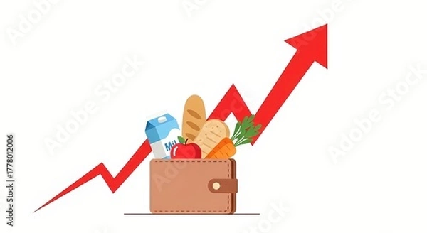 Fototapeta Food items in a wallet with an increasing red arrow indicating rising grocery prices. Concept of food inflation or higher cost of living,for presentation, posters