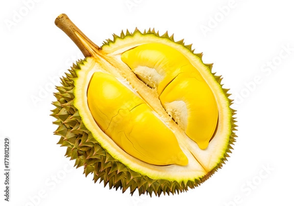 Fototapeta A halved durian fruit isolated on transparent background shows its creamy yellow flesh