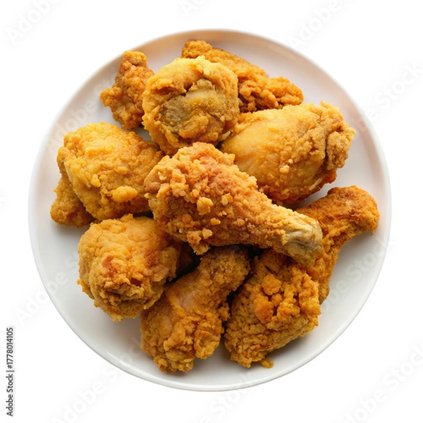 Fototapeta A generous serving of crispy golden brown fried chicken pieces piled high on a white plate isolated on transparent background