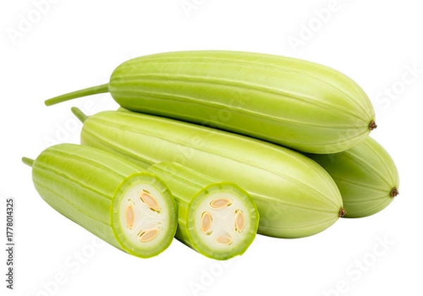 Fototapeta Pile of fresh angled gourds isolated on transparent background, ready to cook