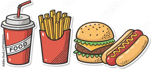 Fototapeta Fast Food Vector Sticker Icons Collection: Fun, Modern Set of Burger, Fries, Donut, Hot Dog, and Soda for Restaurant Menu, Mobile App, or Social Media.