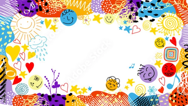 Fototapeta Horizontal cheerful decorative multicolored frame. Hand drawn. Not AI, vector illustration.