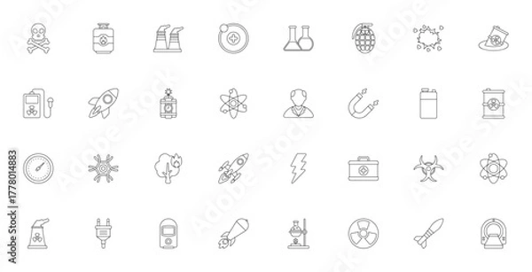 Obraz Nuclear icon set. Minimal vector symbols for radiatin, atomic energy, danger, nd science. Includes atom,rocket, biohazard, explosin, laboratory, and more.