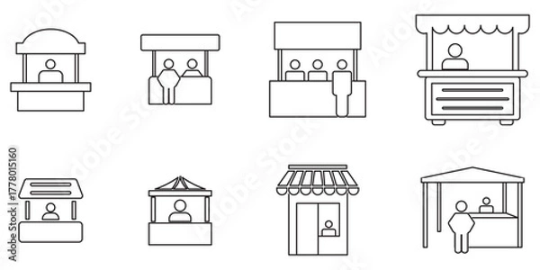Obraz information booth icons with people and info symbols in outline and flat style , help desk customer service assistance point tourist guide booth support center icon