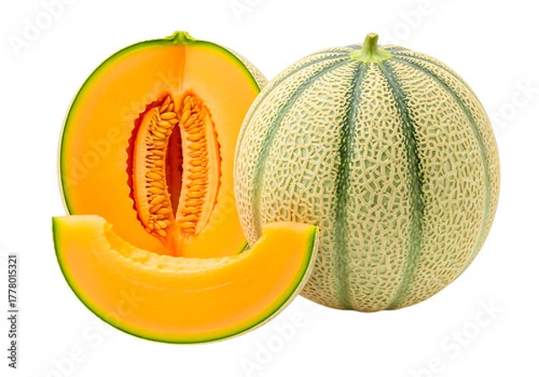 Fototapeta Cantaloupe melons isolated on transparent background, one cut in half and a slice