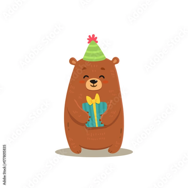 Obraz Cute cartoon bear with gift. Teddy bear in flat style for greeting card. Happy birthday. Vector illustration
