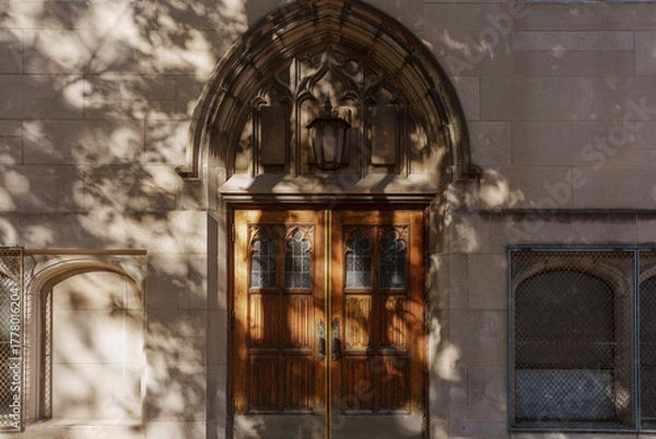 Fototapeta A pair of aged wooden doors set in a carved Gothic arch, framed by a stone façade. Dappled sunlight and shadows create a timeless, historic atmosphere of old architecture and quiet elegance.
