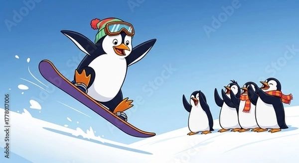 Obraz Animated penguin snowboarding adventure with penguin friends on a winter mountainside. concept of fun winter sports, playful cartoon penguins, and exciting cold weather activity