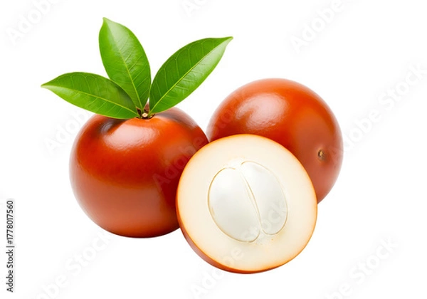 Fototapeta Three shiny buriti fruits isolated on transparent background, one cut in half