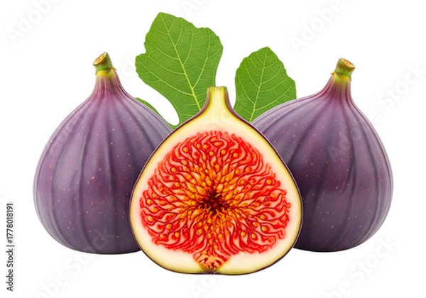 Fototapeta Fresh figs with a half fig isolated on transparent background, ready to be eaten
