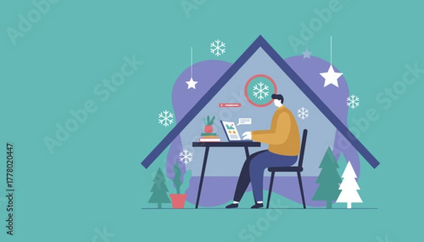 Fototapeta Working from home during winter Cozy remote office setup illustration with snow