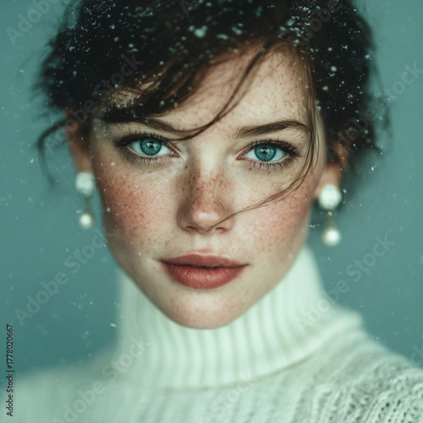 Obraz High-fashion portrait of a young woman wearing a white turtleneck sweater, glowing skin, and expressive blue eyes, in a soft winter light.