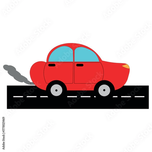 Fototapeta Red car isolated on white background. Cute Red Car Emitting Smoke on Road. Vector Illustration.