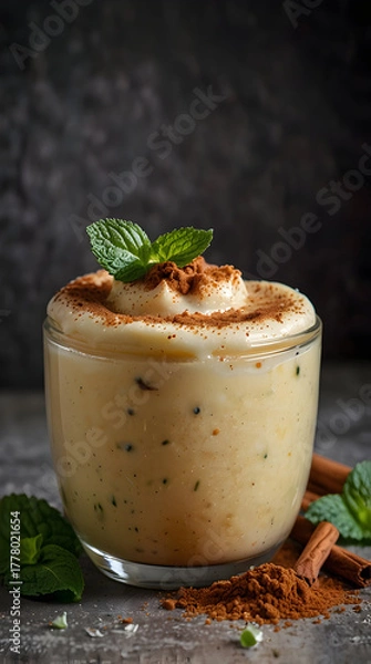 Fototapeta vanilla pudding dessert with mint and cinnamon spices
