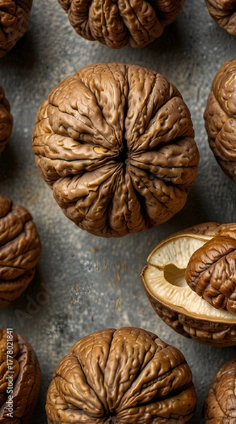 Fototapeta walnuts collection on rustic background for culinary uses