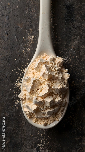 Obraz Whey protein scoop filled with fine powder on dark background