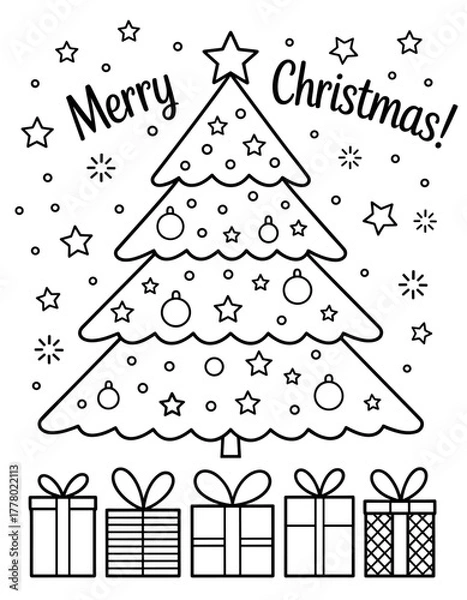 Obraz A festive Christmas tree coloring page with stars, ornaments and gifts, perfect for holiday-themed children’s activities and creative fun