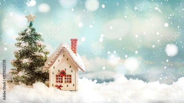 Fototapeta Christmas_house_with_tree_in_snowdrift