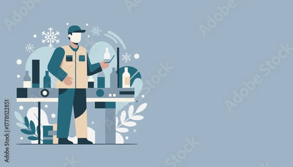 Obraz Manufacturing worker checks bottled products on a conveyor line Industrial production illustration