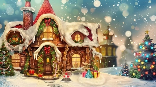 Fototapeta Fairy-tale_Christmas_house_with_reindee