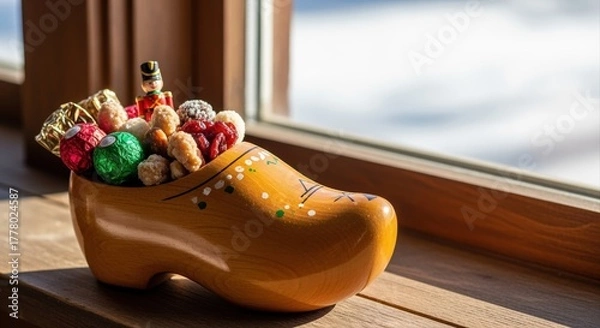 Obraz festive dutch wooden clog filled with assorted holiday treats by bright sunny window