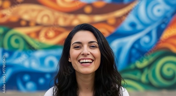 Obraz Happy Woman Laughing with Colorful Mural Background