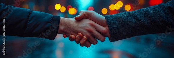 Fototapeta Close-up view of two individuals shaking hands firmly, symbolizing new agreement, partnership, or greeting in blurred nighttime urban environment with vibrant, colorful bokeh lights creating modern, c