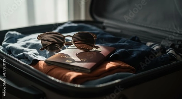 Fototapeta open suitcase with sunglasses and passport ready for summer vacation in sunlit room