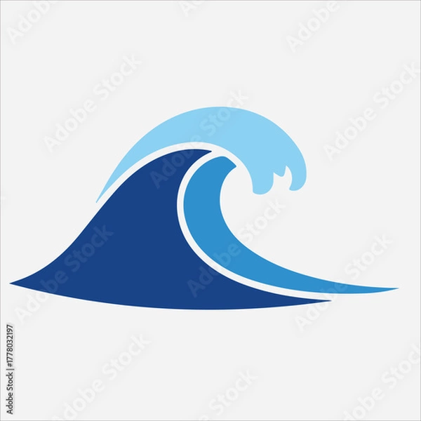 Fototapeta Graphic illustration of a stylized blue ocean wave with white outline on a clean white background.