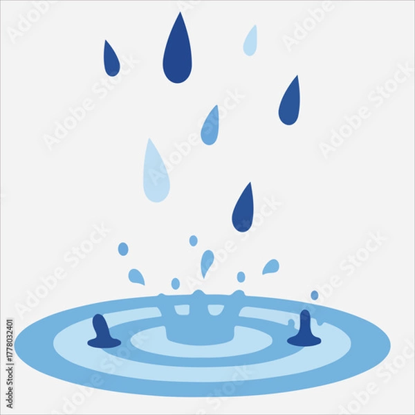 Fototapeta Illustration of blue water droplets falling into a puddle with ripples on a white background in a flat graphic style.