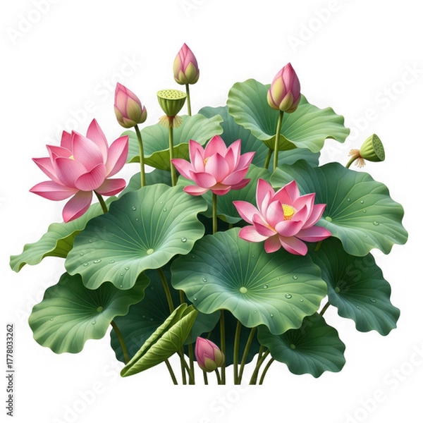Fototapeta Pink lotus flowers and leaves isolated on transparent background
