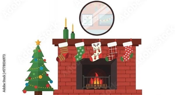 Obraz Christmas tree and fireplace with stockings