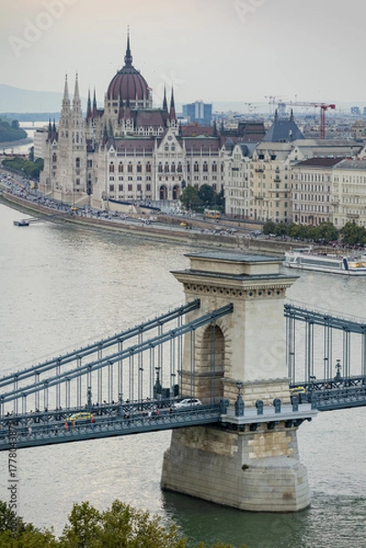 Fototapeta Hungary. Budapest. View of the city from above. Szechenyi Chain Bridge and Parliament.