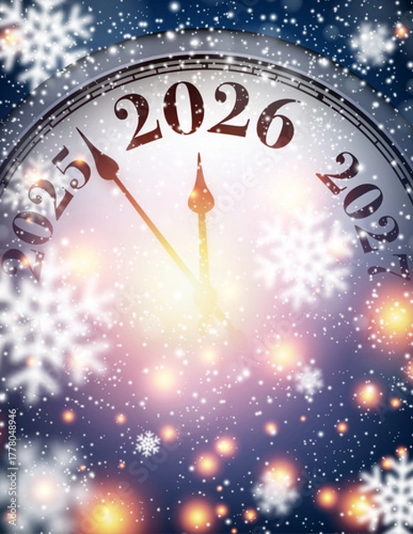 Obraz Clock with falling snow and glowing lights striking midnight for 2026. Vector illustration.