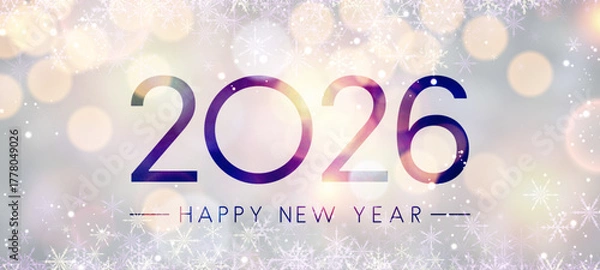 Obraz Elegant 2026 text with gradient fill, snowflakes, and glowing bokeh lights on a light pastel background. Vector illustration.