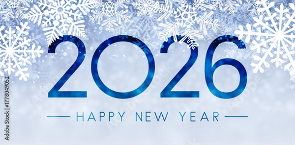 Fototapeta Large blue 2026 text with detailed white snowflakes on a light frosty background. Vector illustration in a festive winter style.