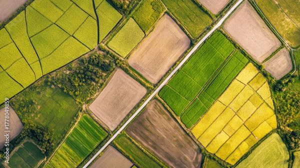 Obraz Vibrant patchwork of rice fields and farmland during midday under clear blue sky