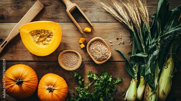 Obraz Fresh fall harvest arranged beautifully on a rustic wooden table with pumpkins, grains, and greenery