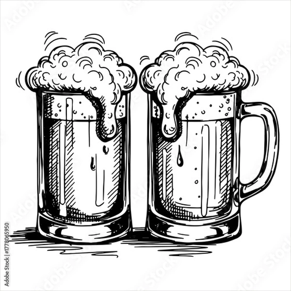 Fototapeta Two vintage hand drawn beer mugs with overflowing foam. Brew pub concept. Vector illustration for bar menu, festival invitation, poster