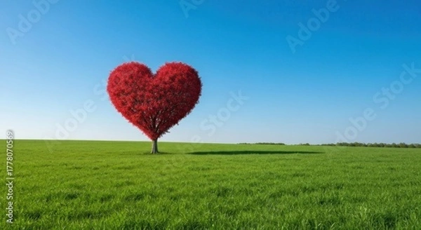 Fototapeta Heart-shaped red tree in green field against bright blue sky, idyllic