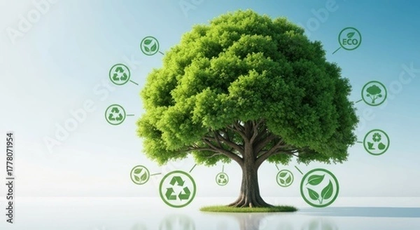 Fototapeta Lush tree with green eco icons floating in air on a bright background