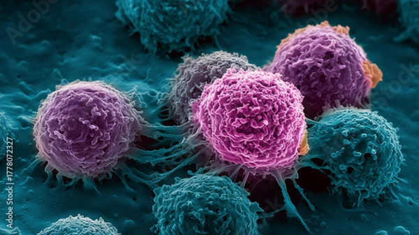 Obraz Ovarian cancer cells, mitochondrial bacteria, 3d rendered medical illustration, pink blobs	