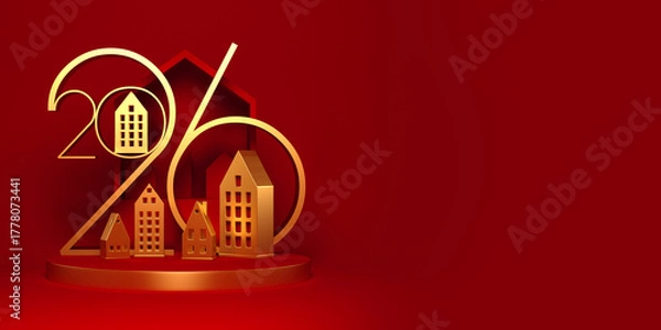 Obraz 2026 New Year illustration with abstract golden houses. 3D render.
