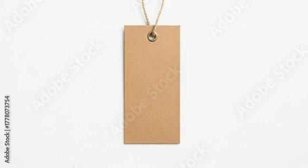 Fototapeta Plain brown cardboard tag hangs from twine, centered on stark white background