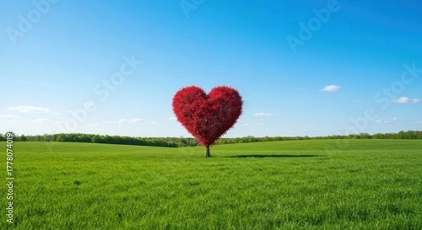 Fototapeta Red heart-shaped tree stands tall in a lush green field under a clear blue sky
