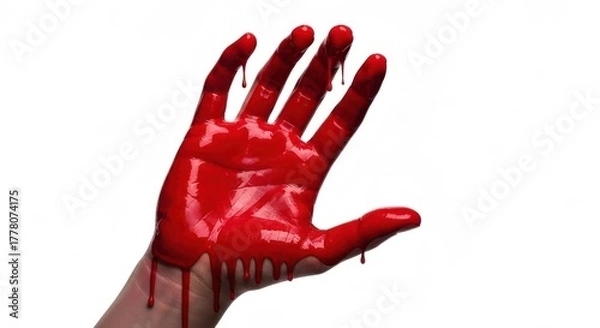 Fototapeta Red-painted hand reaching up, paint dripping from fingers on white backdrop