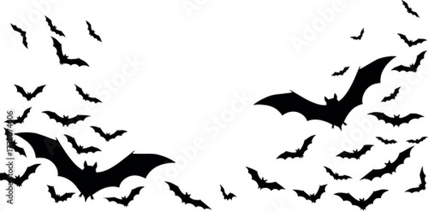 Fototapeta Vector illustration of black bats flying in a spooky swarm, silhouetted against a white background, ideal for Halloween, eerie nocturnal themes, and graphic designs