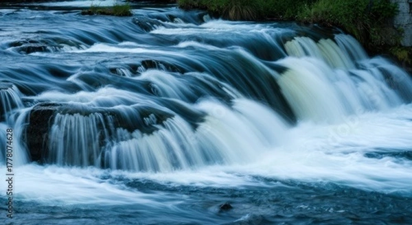 Fototapeta Rushing water over dark rocks forms a short, wide waterfall in a lush setting