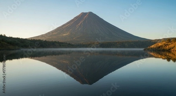 Fototapeta Serene mountain mirrored in still water, under a clear sky